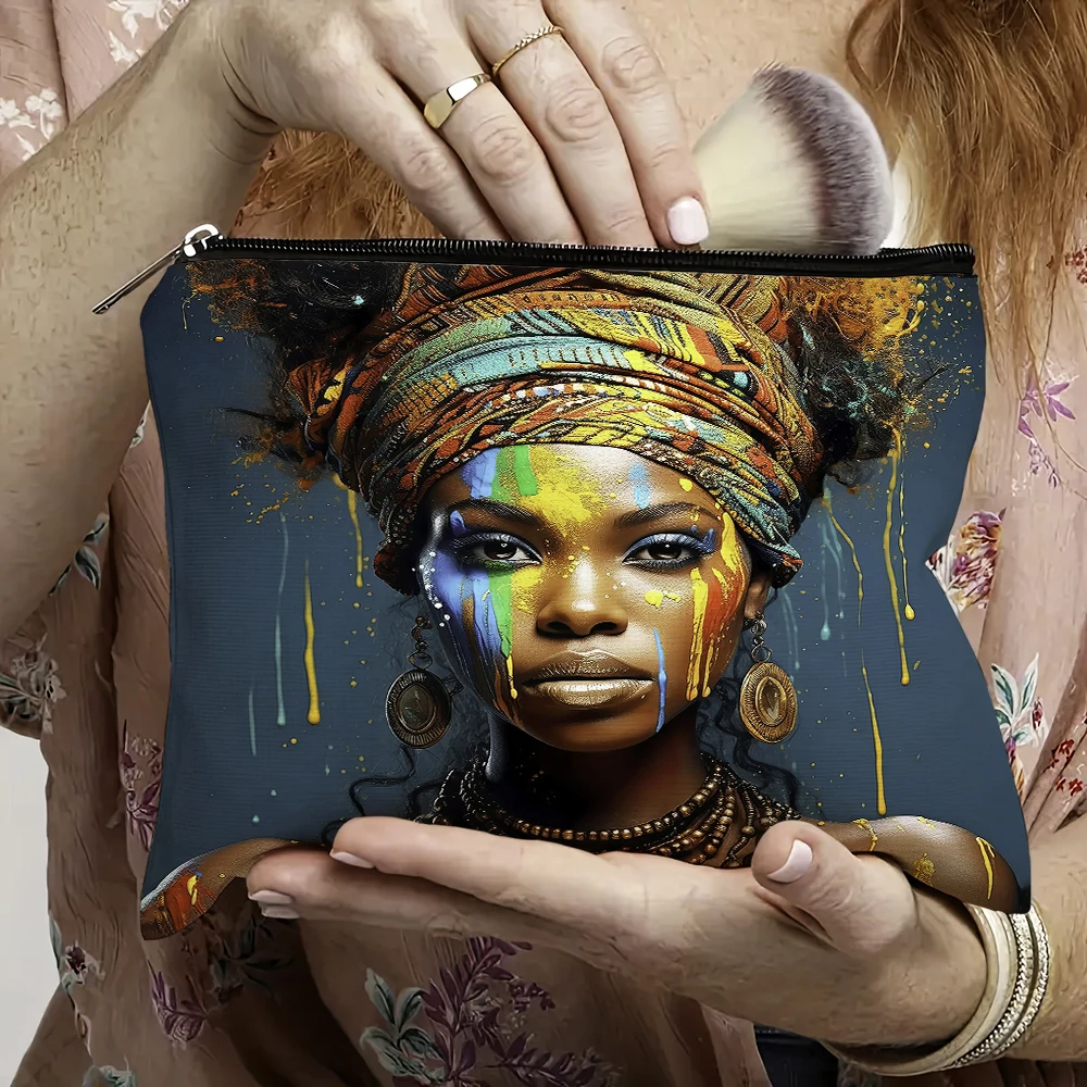 

African Tribal Woman Portrait Headwrap Design Traditional Cosmetic Bag Makeup Pouch Lady Travel Case Mother Daughter for Women