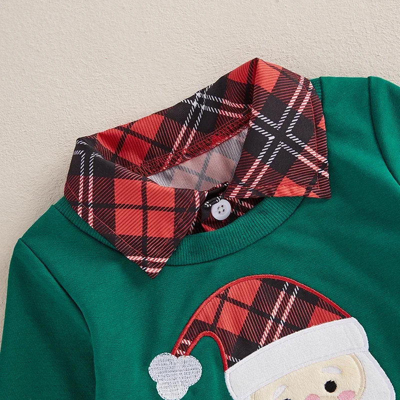 Toddler Boys Christmas Sweatshirt Plaid Santa Reindeer Long Sleeve Lapel Neck Casual Two Fake Piece Pullover T-Shirts