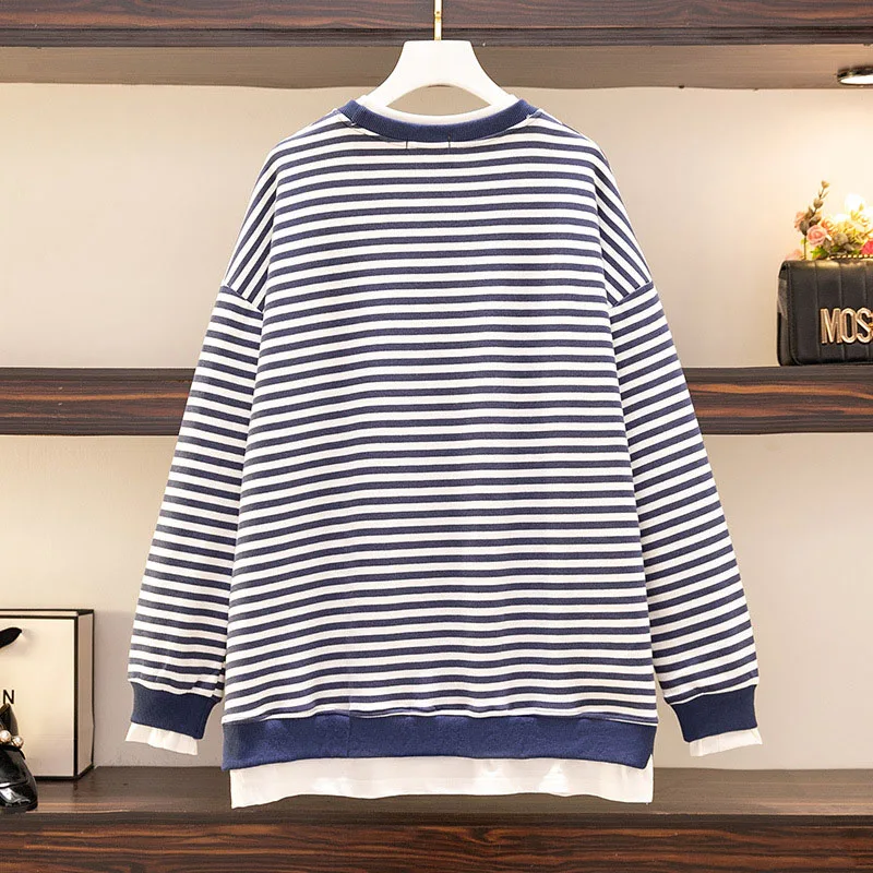 150Kg Plus Size Women\'s Bust 157 Spring Autumn New Loose Fake Two-Piece Long-Sleeved Striped Sweatshirt 5XL 6XL 7XL 8XL 9XL