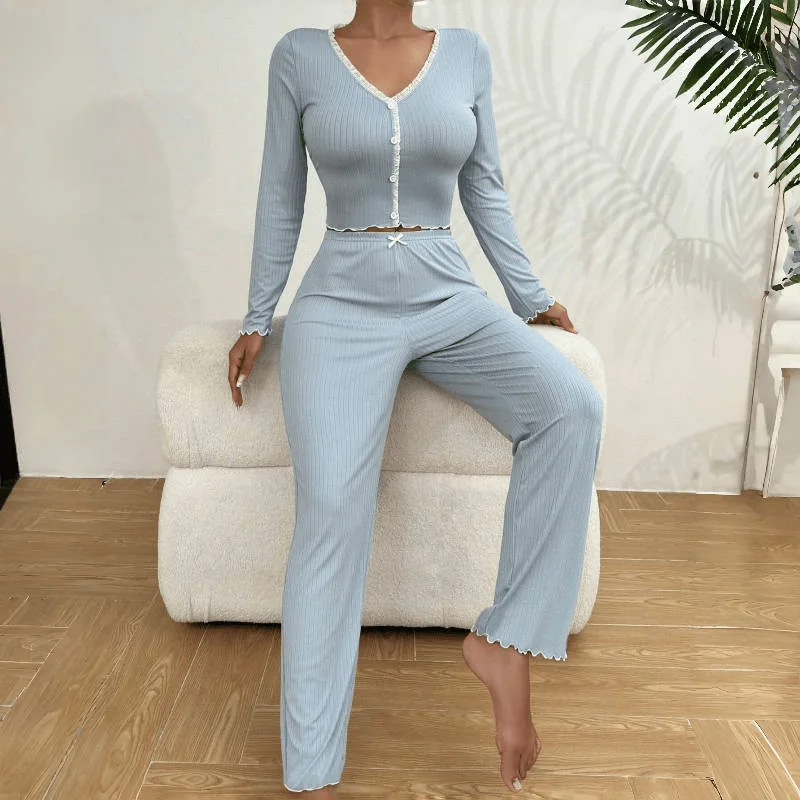 

Spring And Summer Long-sleeved Long-pants Pajama Set, Solid Color Body-hugging Sexy Lace Home Wear Two-piece Set