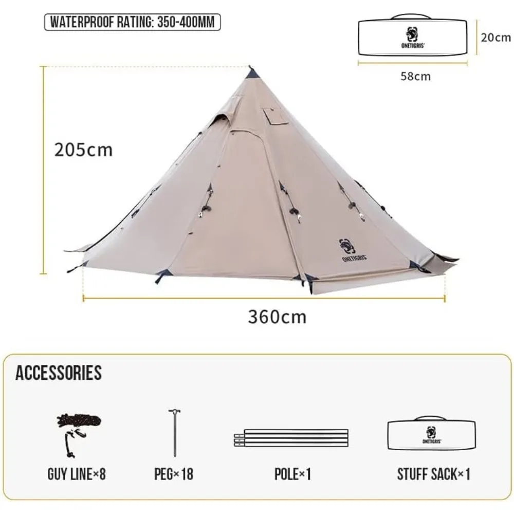 Canvas Hot Tent with Stove Jack, Wind-Proof Fire-Retardant, Durable 4 Season Camping Pyramid Teepee Tent for 2~4 Person