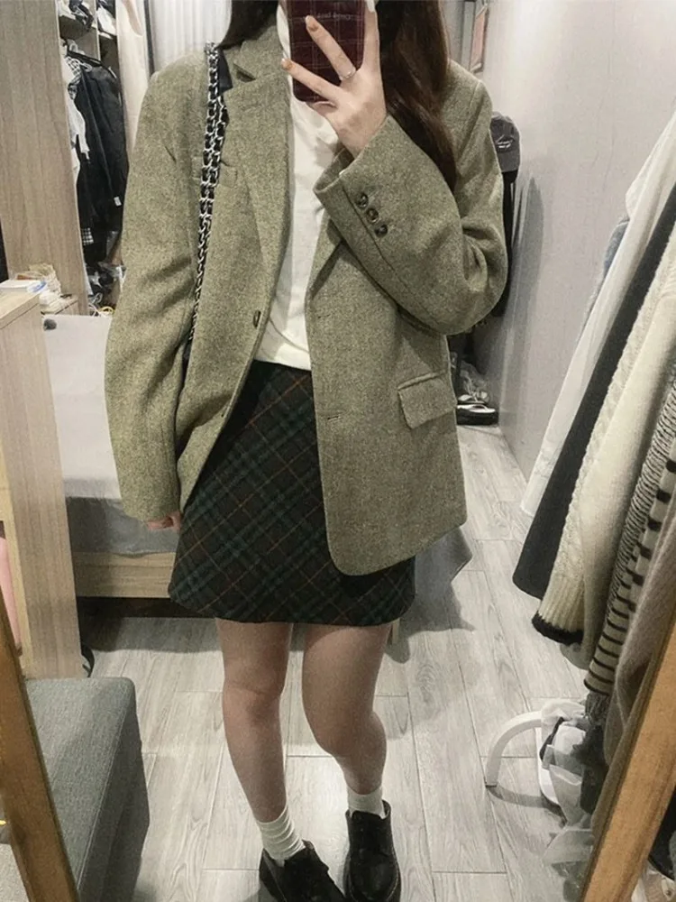 

UNXX Wool Loose Women Blazer Autumn New Fashion Office Ladies Button Up Turn Down Collar Coats Vintage Long Sleeve Chic Jacket