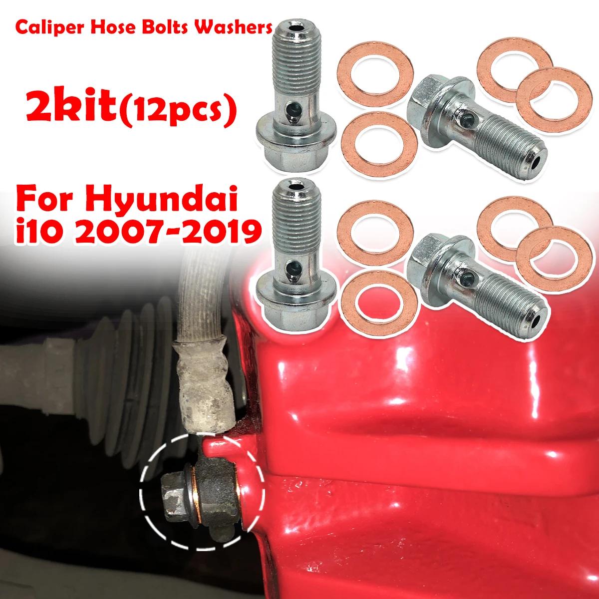 

2kit Front Left Right Rear Caliper Hose Lines Banjo Fittings Bolts Copper Sealing Crush Washers Repair For Hyundai i10 2007-2019