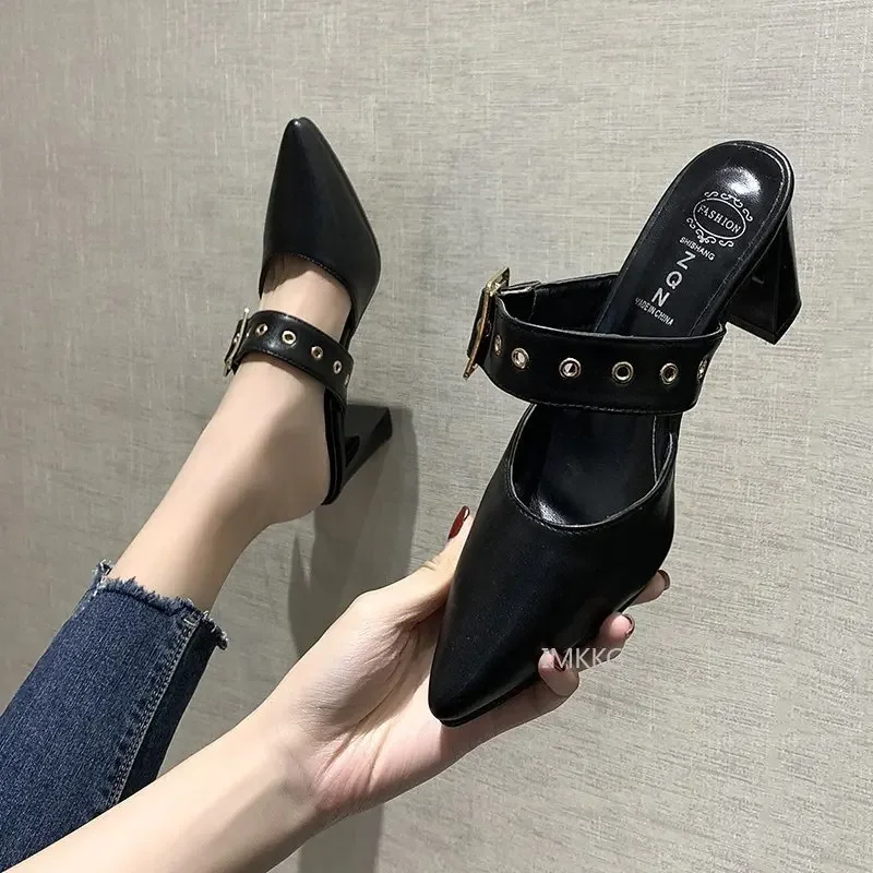 Mule Womens Closed Leather 2024 Baotou Half Slippers Woman Fashion Pointed Toe Slip On Belt Buckle High Heel Retro Shoes