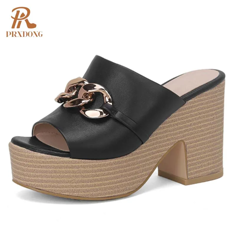 PRXDONG Women's Sandals 2024 New Classics Genuine Cow Leather Summer Shoes Chunky High Heels Open Toe Black Apricot Dress Casual