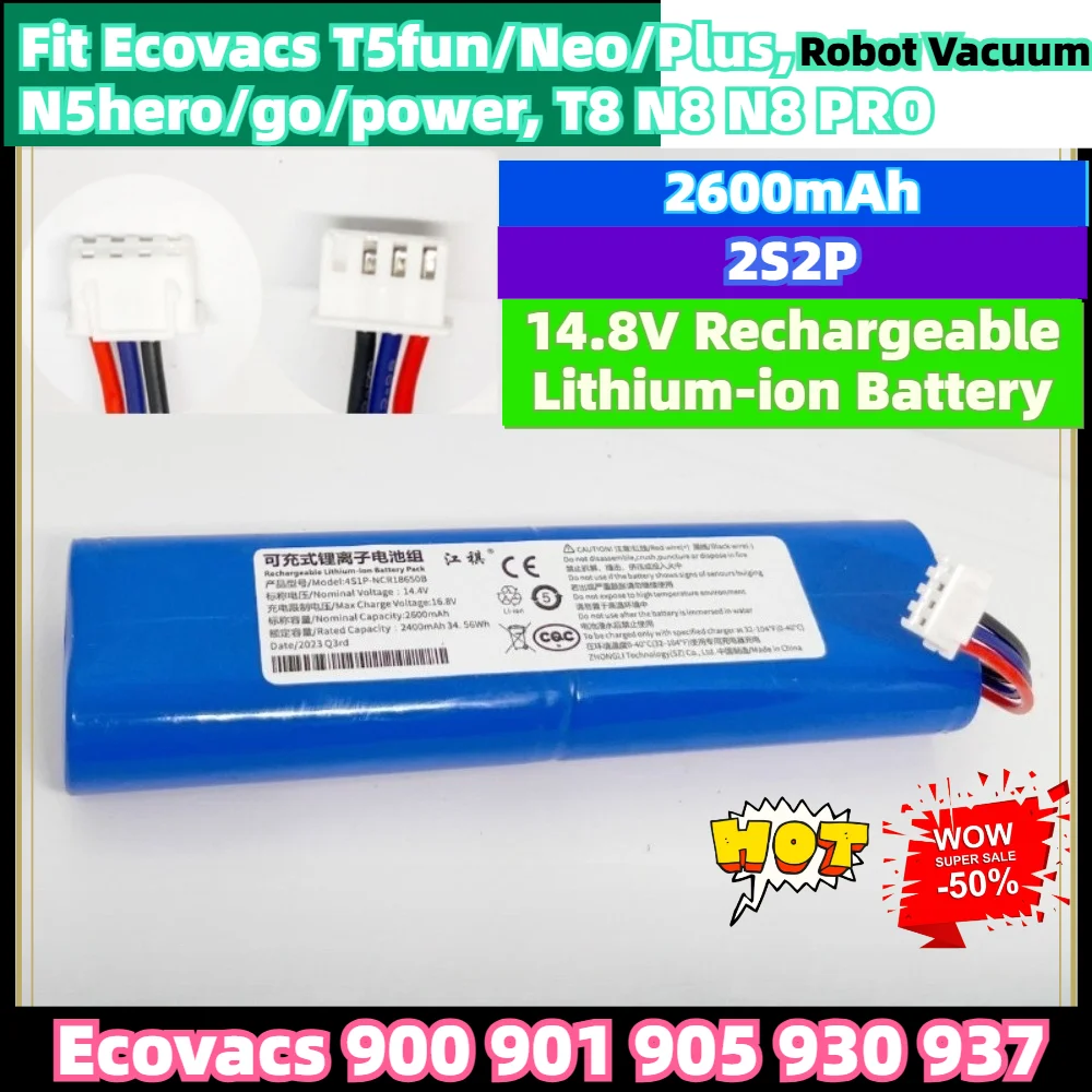 14.8V 2600mAh Rechargeable Battery for Ecovacs Deebot T5 Fun Neo Plus, N5 Hero Go Power, T8 N8 N8PRO Robotic Vacuum Cleaner