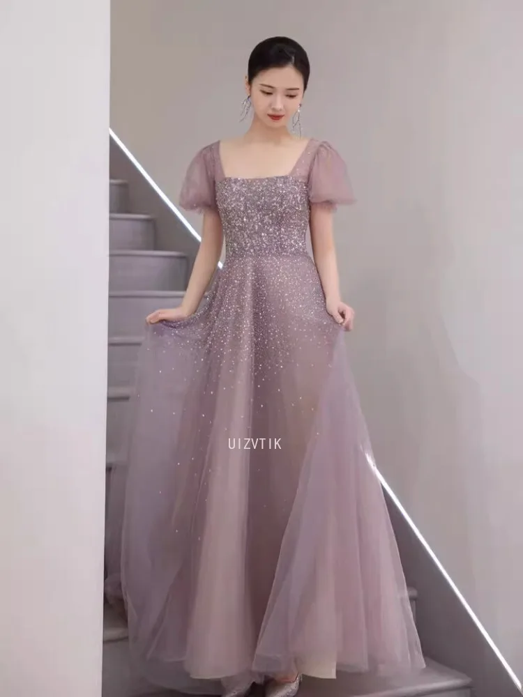 Vestido largo de fiesta de noche para banquete Niche 2025 nuevo velo de lentejuelas de gasa rosa cuello cuadrado con espalda descubierta vestido Formal elegante para mujer