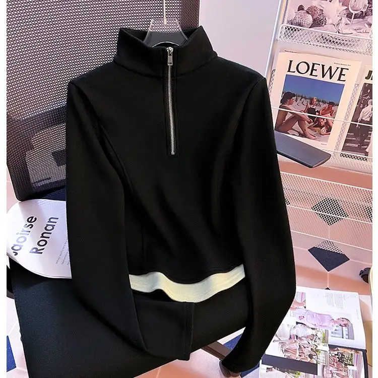 Thickened German Velvet Stand Collar Half Zipper Long Sleeved Base Shirt Women Autumn Winter Short Hoodie Fake Two-piece Top