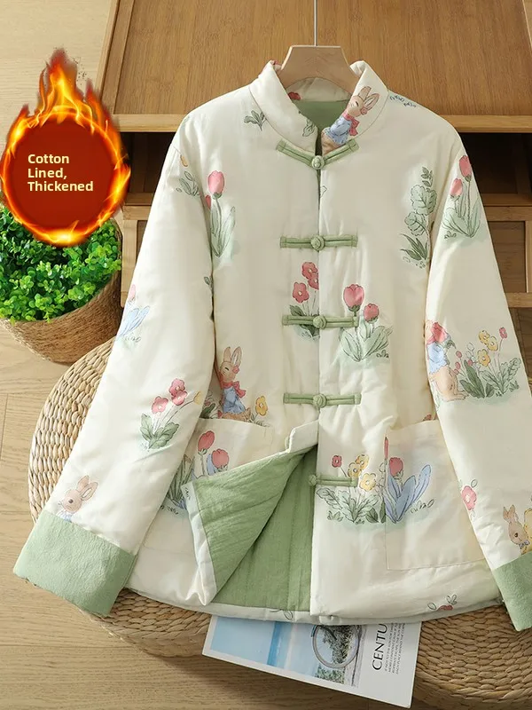 

Теплый хлопковый джет с воротником-стойкой, женское зимнее новое хлопковое пальто в китайском стиле в стиле ретро на пуговицах спереди с цветочным принтом