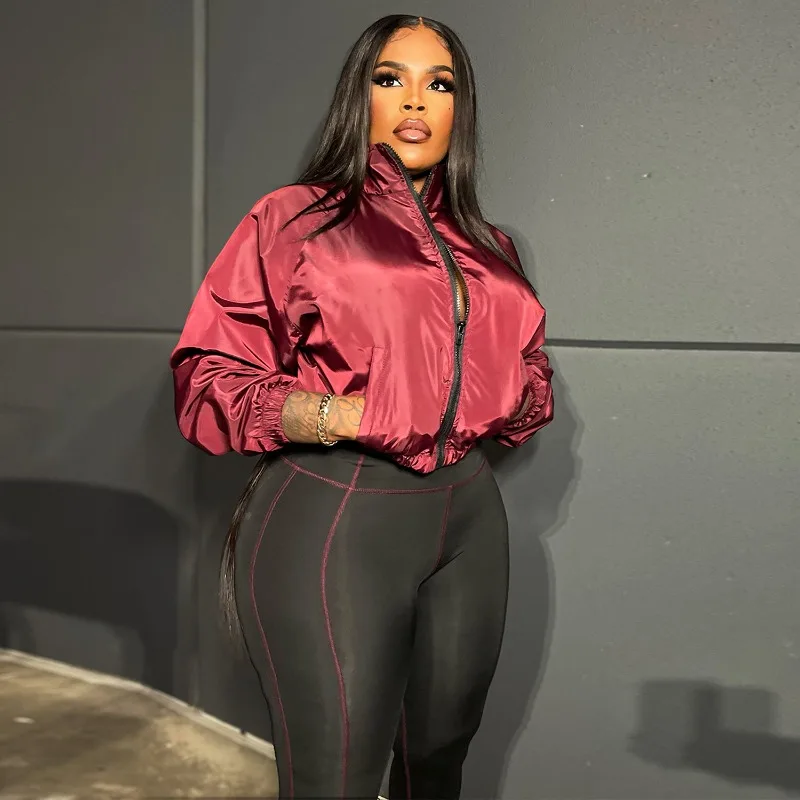 レディースファッション セットアップ カジュアル ツーピースセット 光沢のある長袖ジッパーポケットジャケットトップ＋スキニーフレアパンツ ストリートウェアスーツ