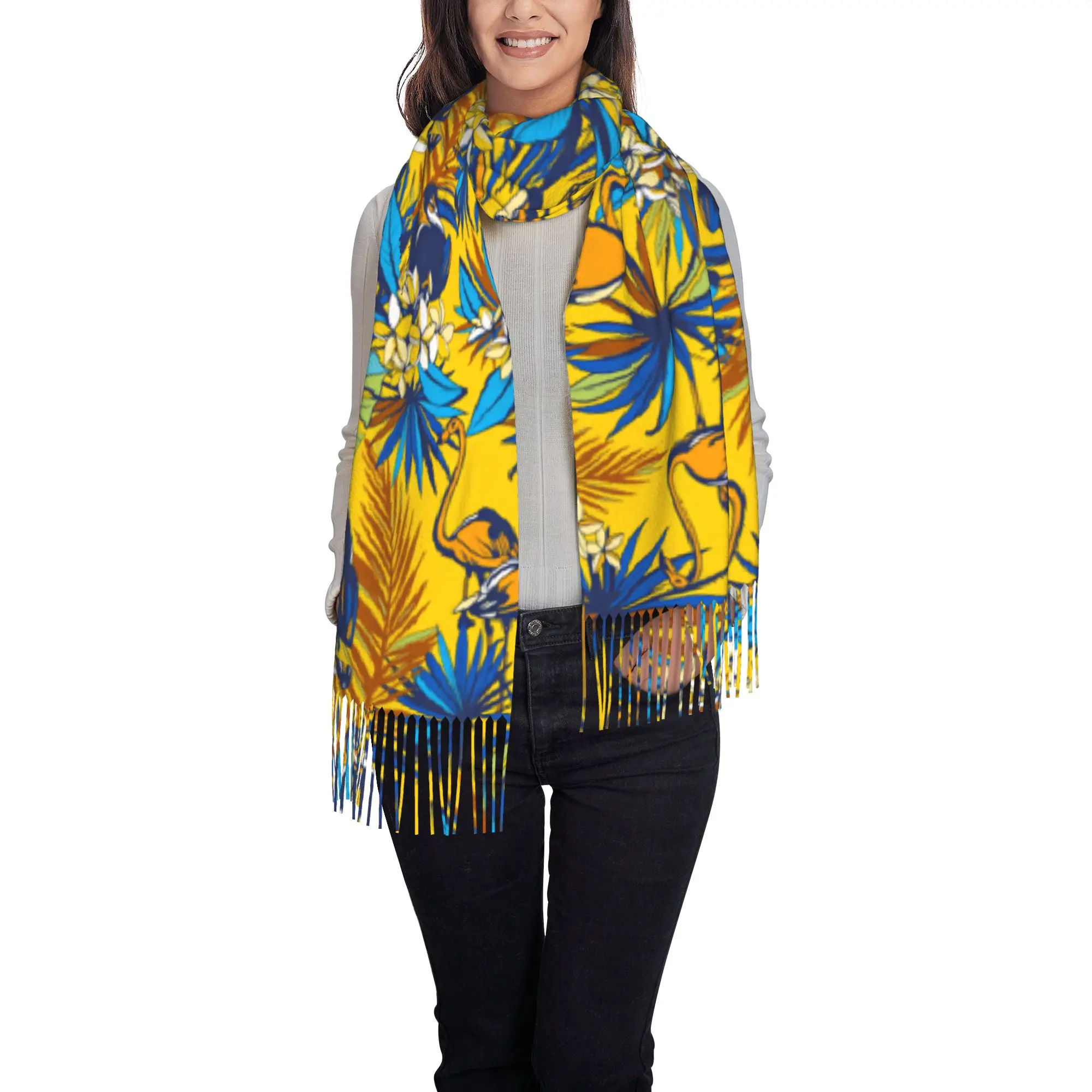 Custom Ladies Long Flamingo Toucan Floral Bright Yellow  Scarves Women Winter Soft Warm Tassel Shawl Wrap  Scarf