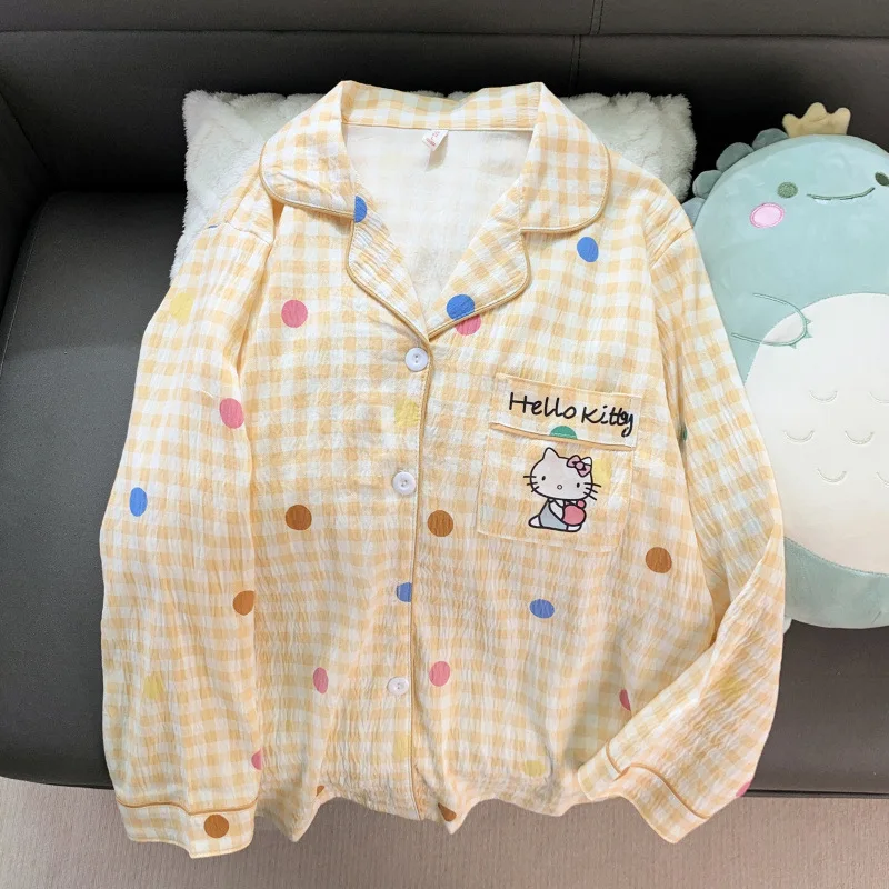 Cartoon Women Pajamas Set Anime Hello Kitty Long Sleeves Pants Kawaii Spring Autumn Nightgown Girls Student Home Clothing Set