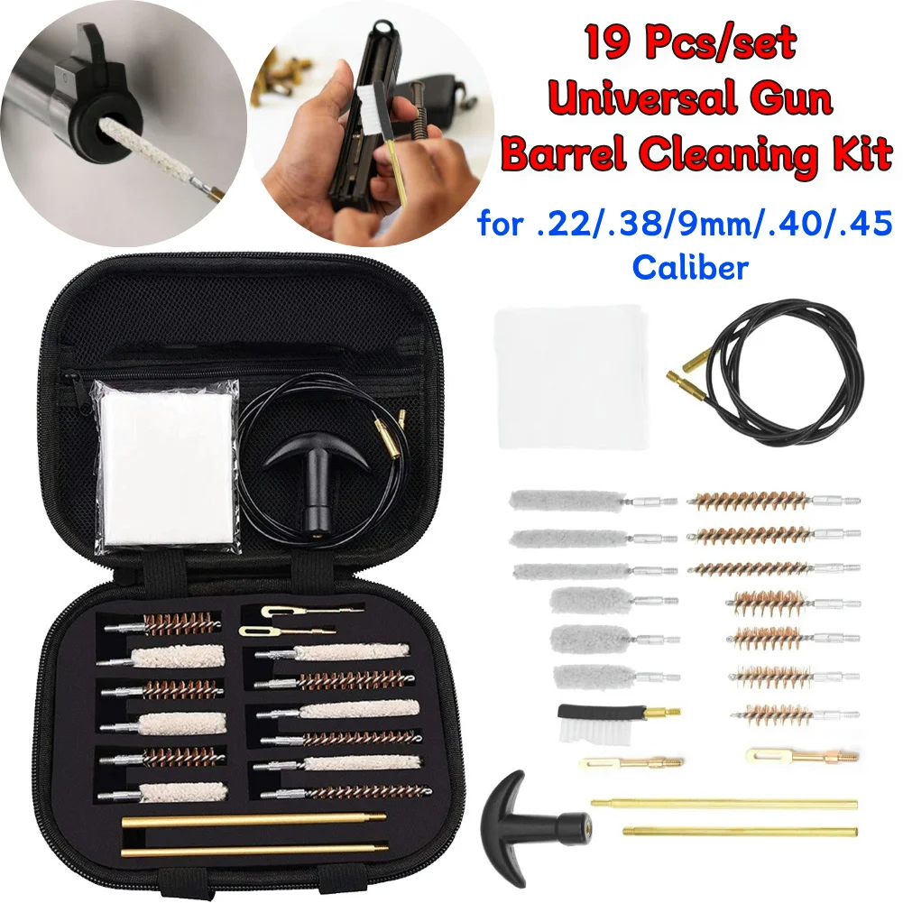 19 Pcs/set Handgun Rifle Pistol Gun Brush Tool Handgun Pistol Brass Rod Barrel Cleaning Kit for .22/.38/9mm/.40/.45 Caliber