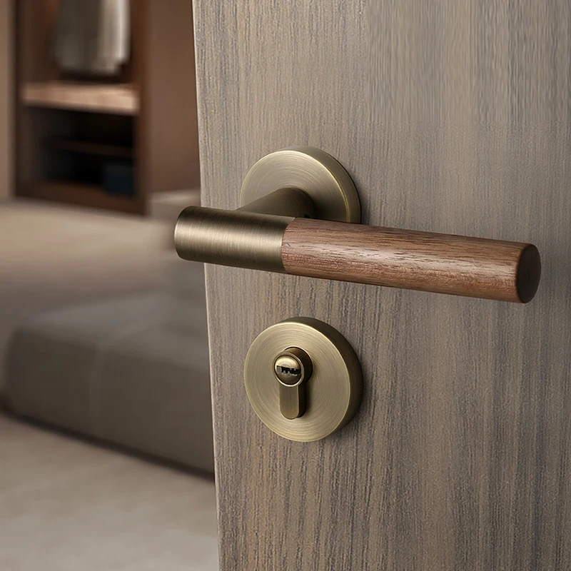 

New Chinese Style Indoor Room Bedroom Door Lock Black Walnut Wood Retro Solid Wood Door Handle Magnetic Suction Silent Lock