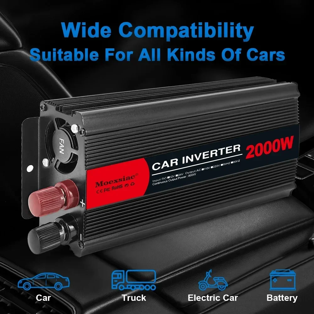 2000W Car Inverter DC12V 24V to AC220V  Portable Power Inverter 50 60Hz EU Universal Converter Adapter