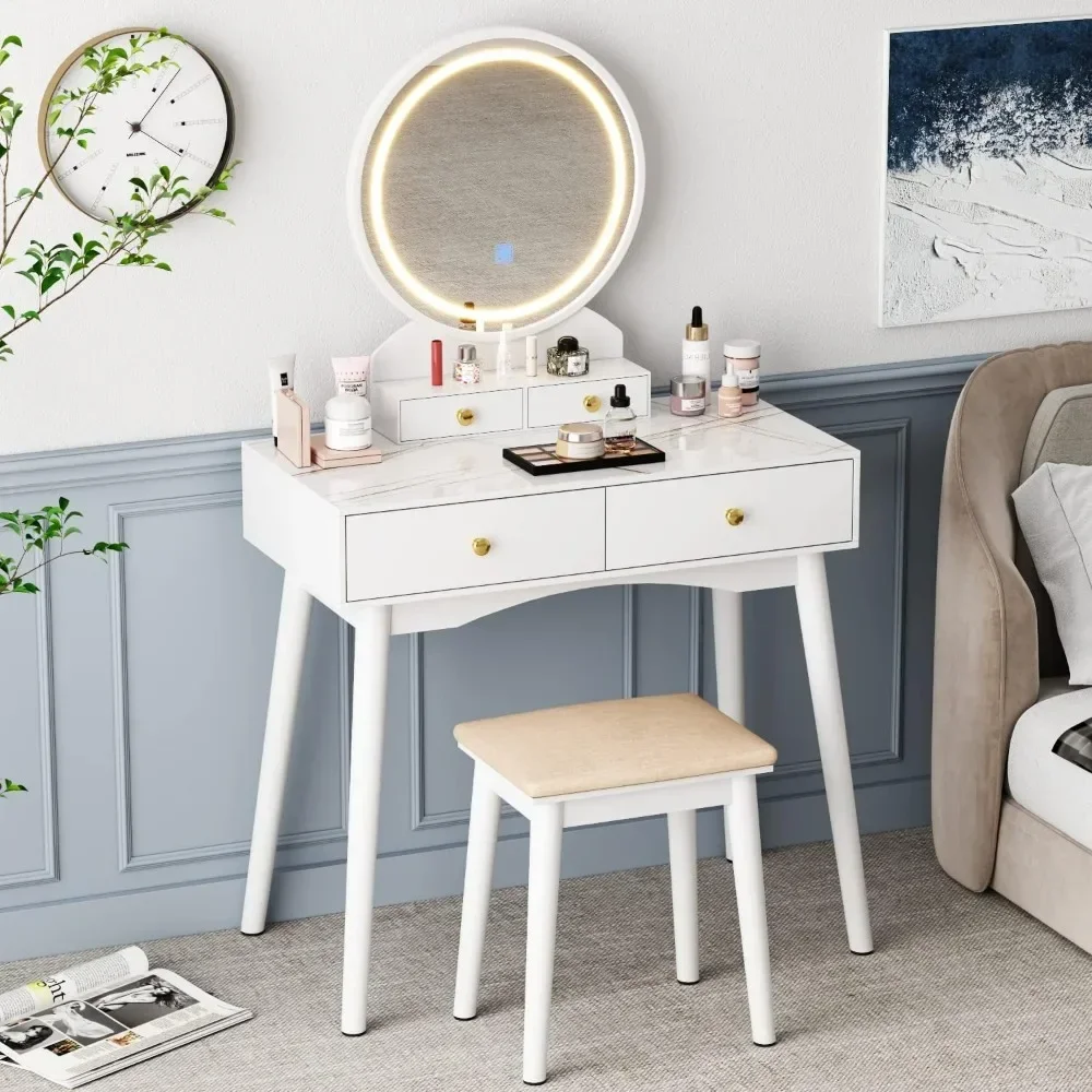 

Vanity Desk Makeup with Lighted Mirror Vanity Set with Modern Desktop, Soft Cushioned Stool, 4 Storage Drawers Vanity Table
