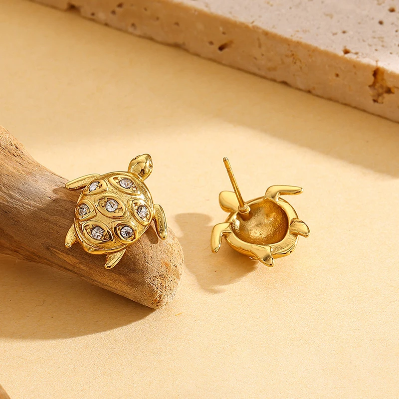EILIECK 316L Acciaio Inossidabile Color Oro Tartaruga Zircone Orecchini con perno Per Le Donne di Modo Impermeabile Orecchio Gioielli Ragazze Regalo