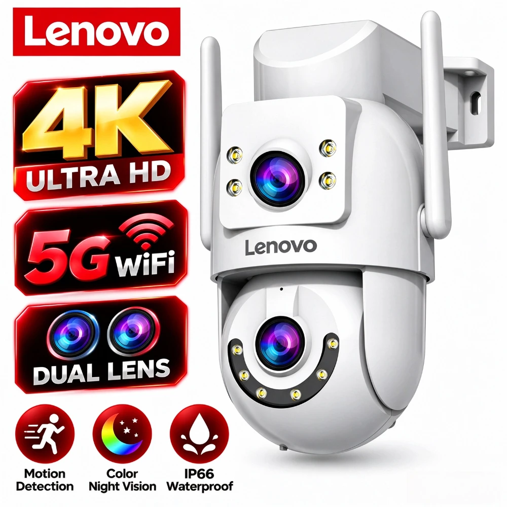 Lenovo 4K 8MP HD 5G Wifi PTZ Camera Outdoor Dual Lens Two-Way Talk IP66 Waterproof AI Tracking CCTV Audio Video Surveillance
