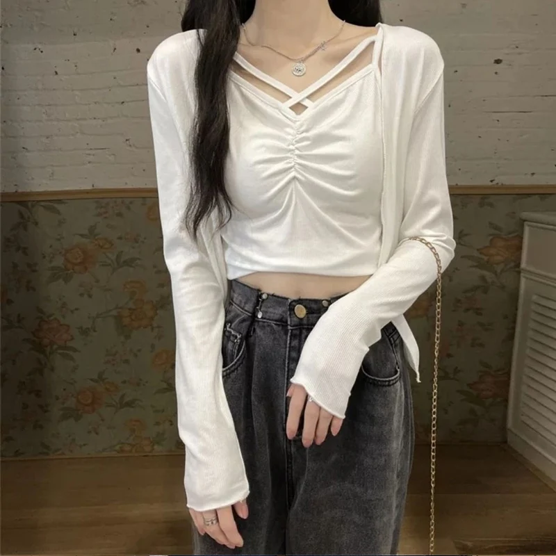 

Spring New Women Tops Sexy Folds Hollow Out Slim Basics Tank Top Sweet Casual Long Sleeve Cardigan Two-piece Set