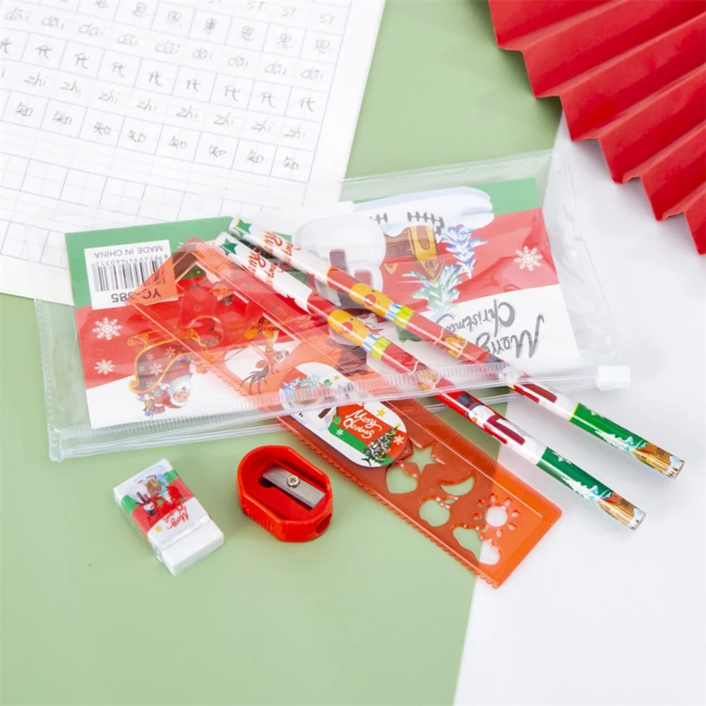 5Pcs Christmas Stationery Set Cute Pencils Eraser Note Pads Ruler Children's Writing Drawing Tools Student Stationery Xmas Gift