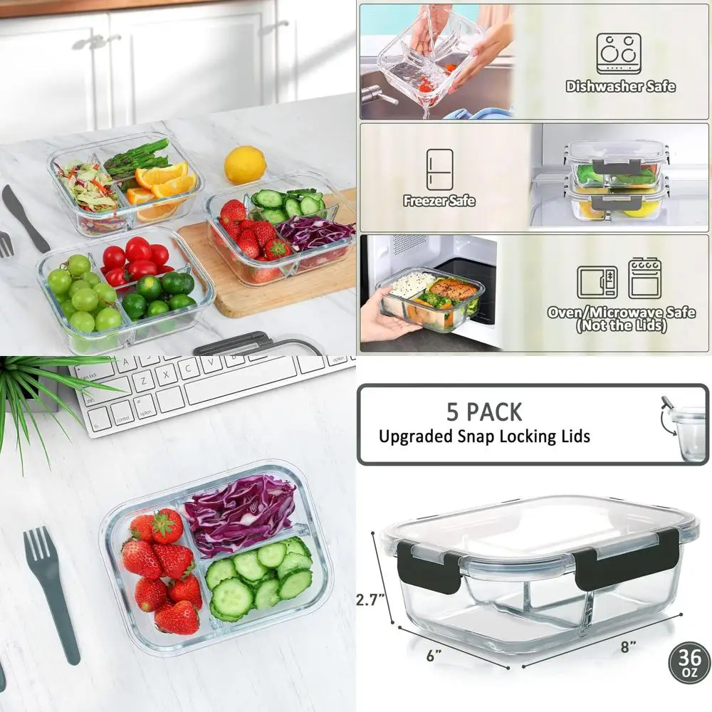 

5-Pack 36 oz 3-Compartment Glass Meal Prep Containers with Lids, Lunch Boxes, Microwave, Oven, Freezer, Dishwasher Safe (4.5 Cup