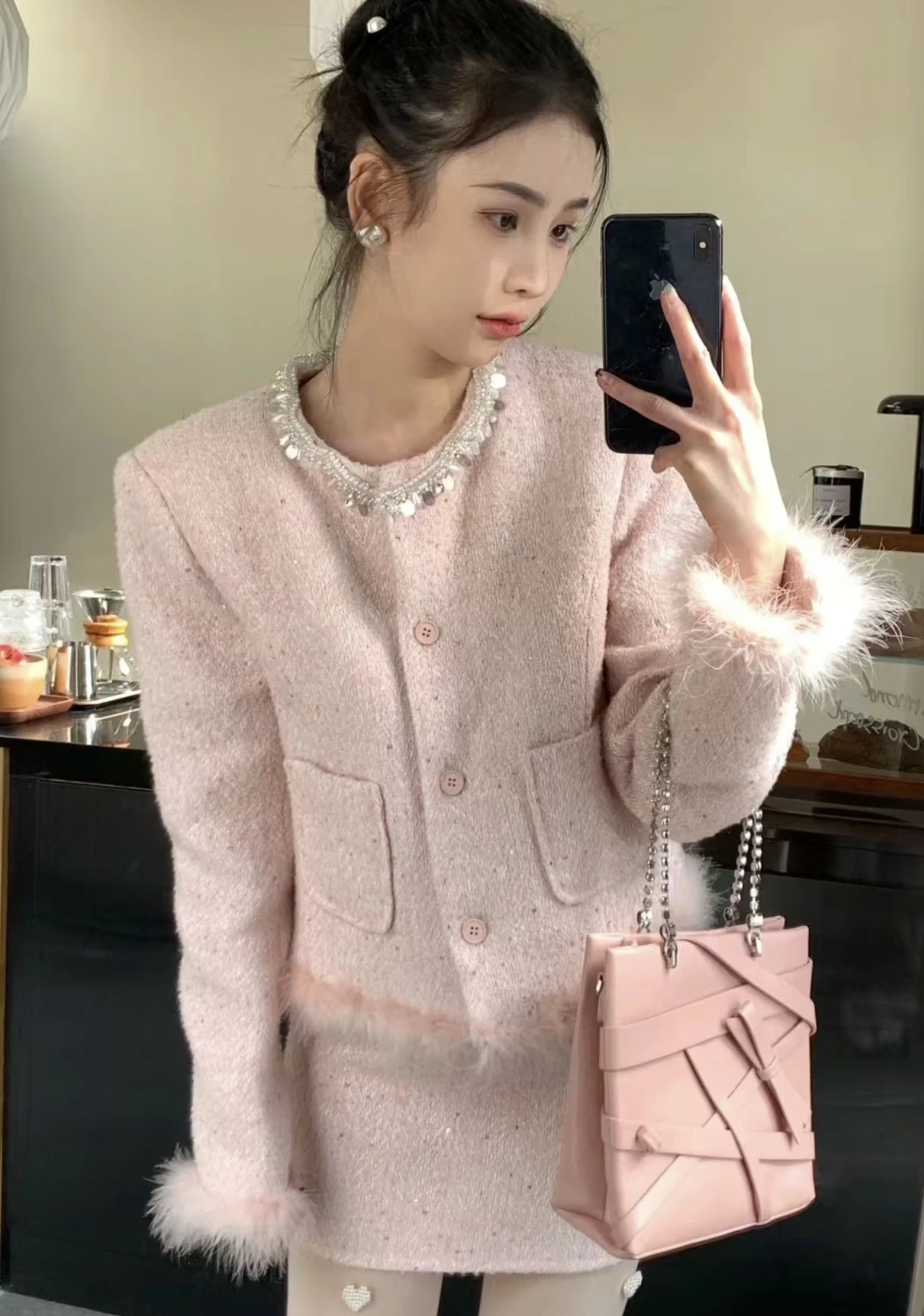 Actual Photo: Pearl Collar Furry Patchwork Short Jacket Classic-inspired Set, Autumn Winter High-waist Skirt Pink Two-piece Set