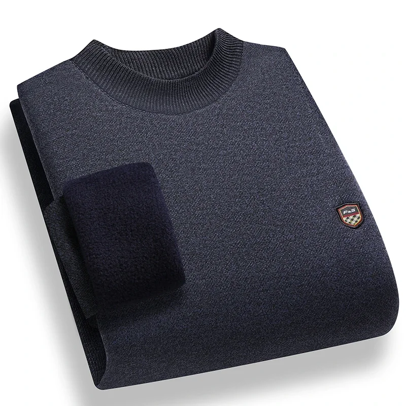 Solid Color Fleece Lined Men Pullover Classic Mock Neck Small Emblem Detail Soft Knit Outdoor Leisure Long Sleeve Jumper