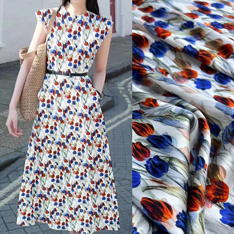 Blue and Orange Tulips Printed Stretch Fabric Silk Spandex Fabric 140CM Wide 20MM for Clothing DIY Cheongsam Dress R377