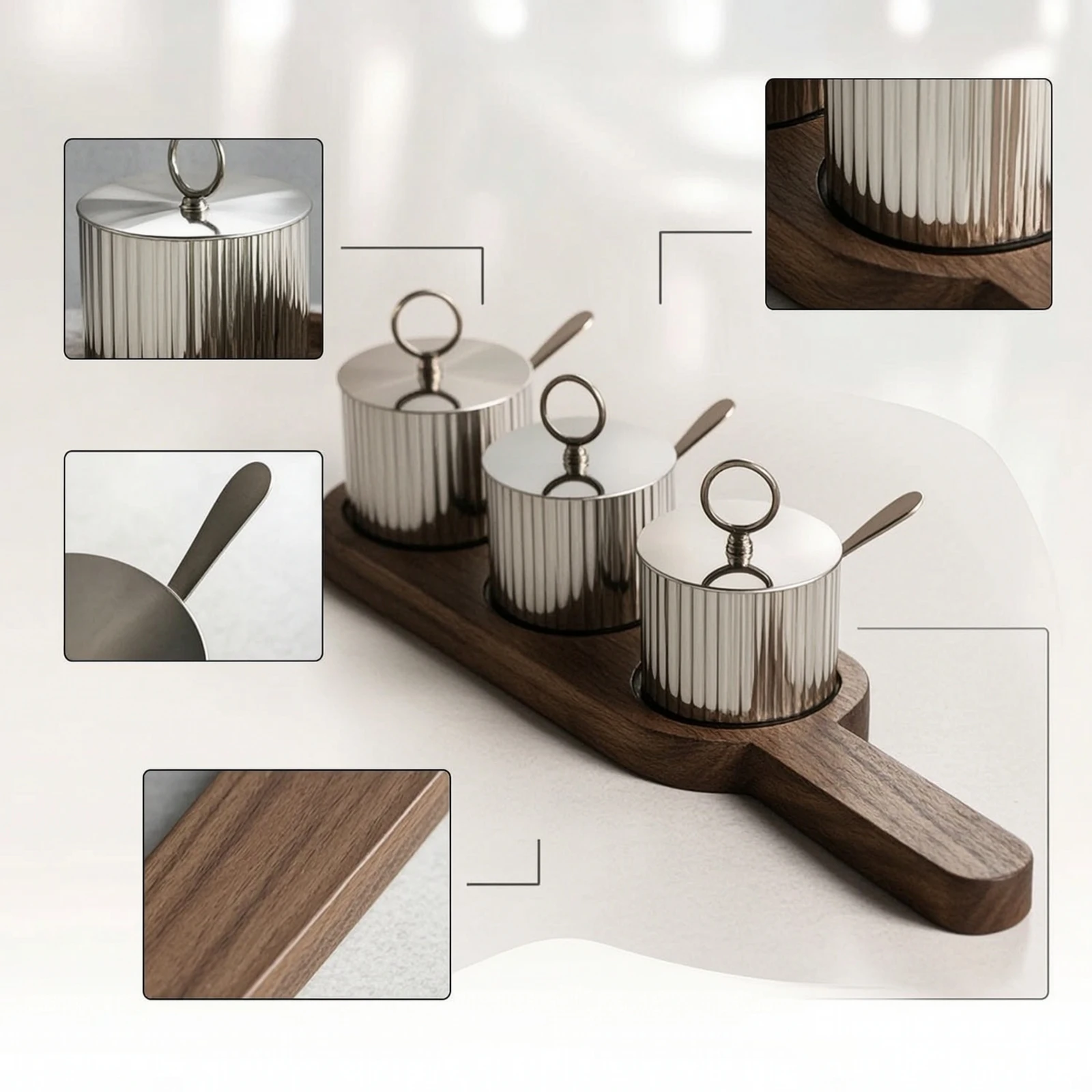 3 Pieces Condiment Jars with Spoons Minimalist Condiment Jar with Spoon Seasoning Pots with Tray Long-Lasting for Hosts