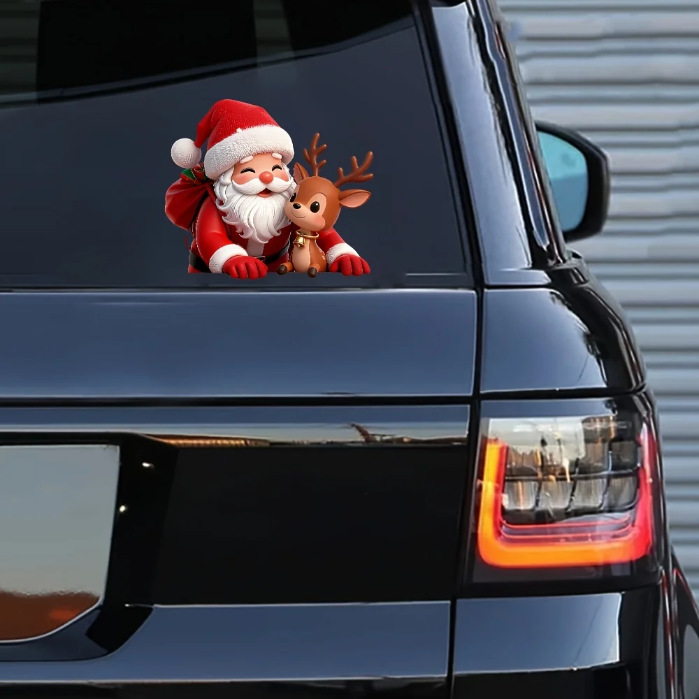 Cartoon Santa Reindeer Peek Window Sticker Christmas Vinyl Decal Car Truck SUV Bumper Funny Holiday Decor