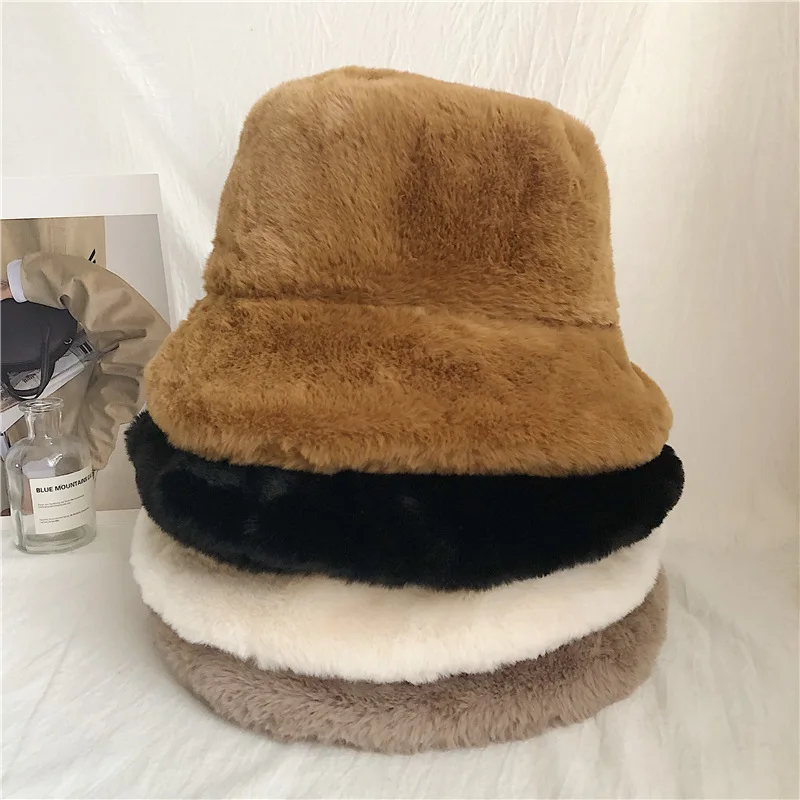 

New Winter Warm Fur Bucket Caps Women Men Outdoor Keep Warm Fluffy Panama Female Thickened Rabbit Hair Windproof Fisherman Caps