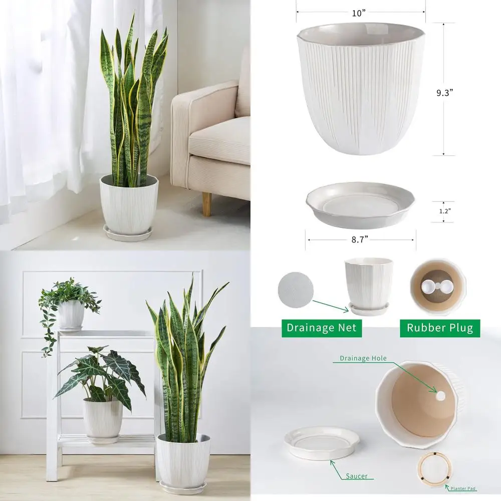 

10 Inch Ceramic Planter Pot with Drainage Hole and Saucer, Suitable for Indoor or Outdoor Plants, White