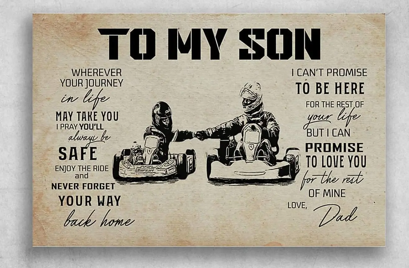 Póster Vintage con Letrero 'Papá y Hijo: Carreras de Karts, Para Mi Hijo, Dóndequiera Que Tu Viaje en la Vida Te Lleve, Te Rezo por que Siempre Estés Seguro'