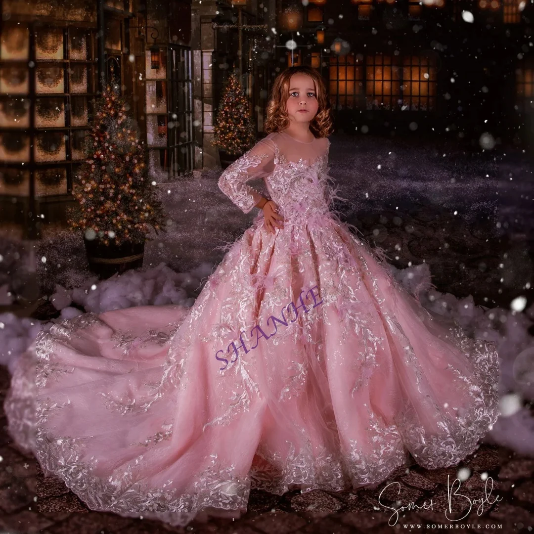 Vestidos de desfile de tul rosa de lujo para niñas, para sesión de fotos, cuentas personalizadas, vestidos de fiesta de cumpleaños para niños, plumas, personalizados