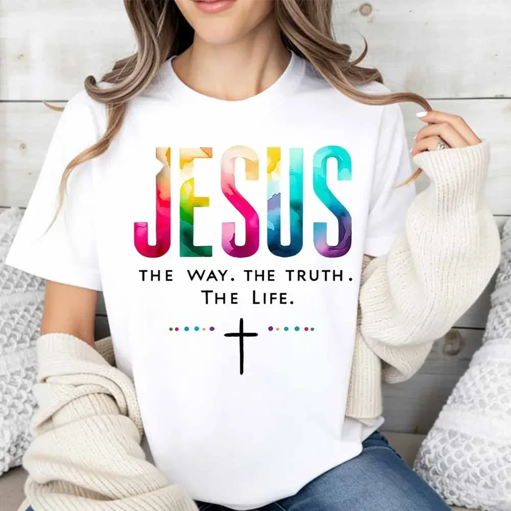 The Way The Truth The Life Cross Print T Shirt White Casual Loose Fit For Everyday Wear And Outdoor Activities