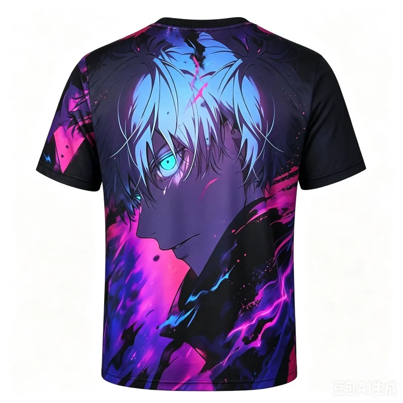 Jujutsu Battle Gojo Gojo Blue Flame Glowing Eye Print Purple Starlight and Pink Butterfly Anime Street Casual T-shirt