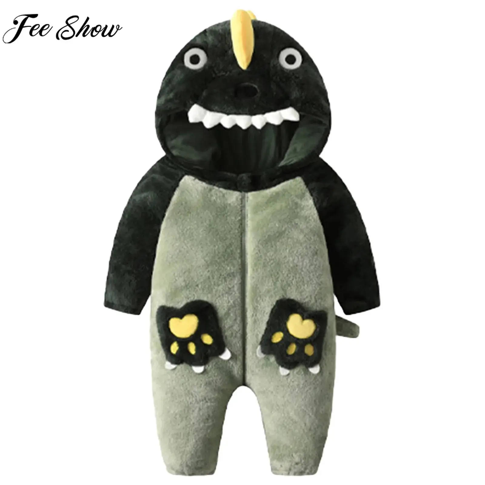 Baby Casual Cute Dinosaur Hooded Romper Winter Warm Coat Long Sleeve Zipper Jumpsuit for Homewear Sleepwear Daily Photography