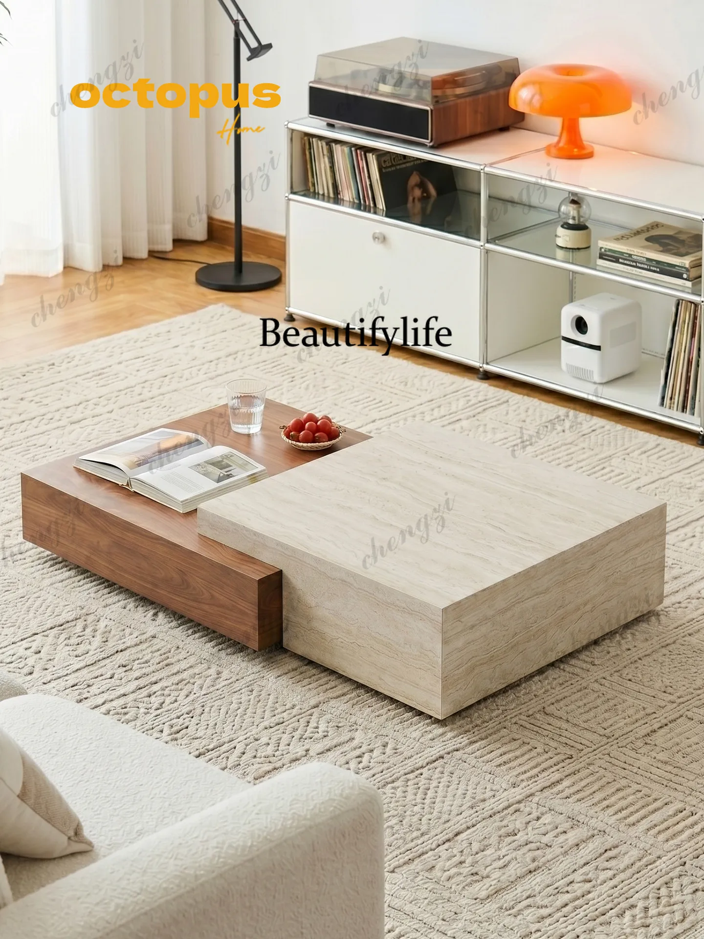 French medieval style living room household small apartment rectangular travertine rock slab coffee table