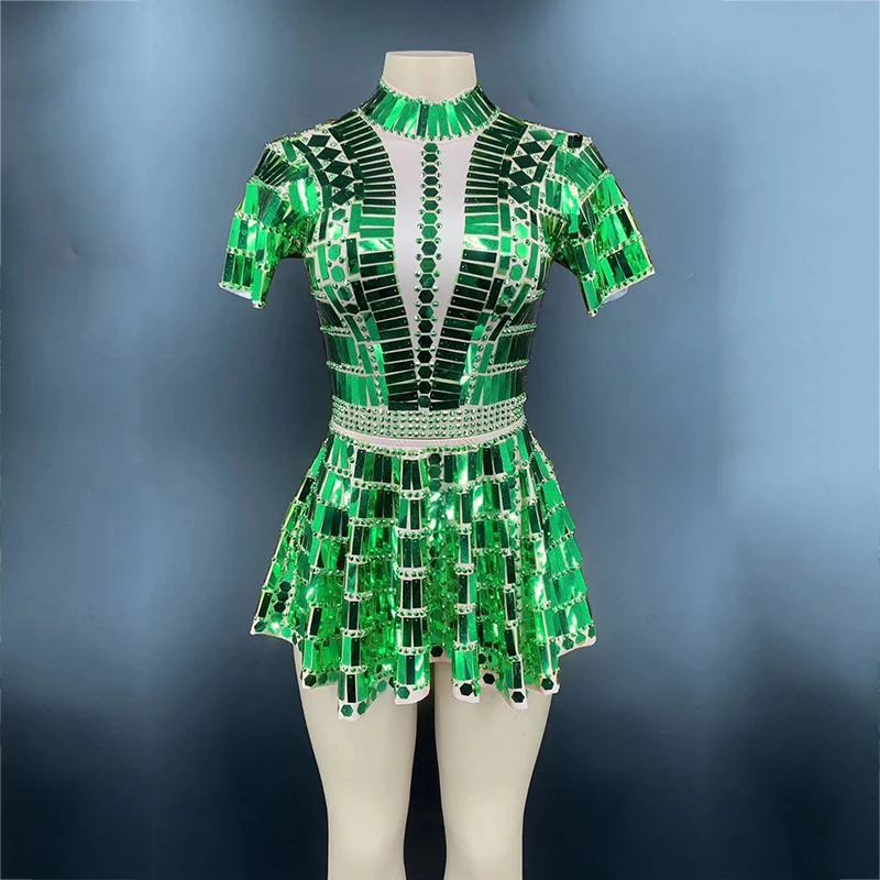 2025 Nightclub Bar Female Singer DJ Shiny Mirror Costume Short Sleeves Dress Gogo Dance Costume Rave Party Gold Stage Outfit yj