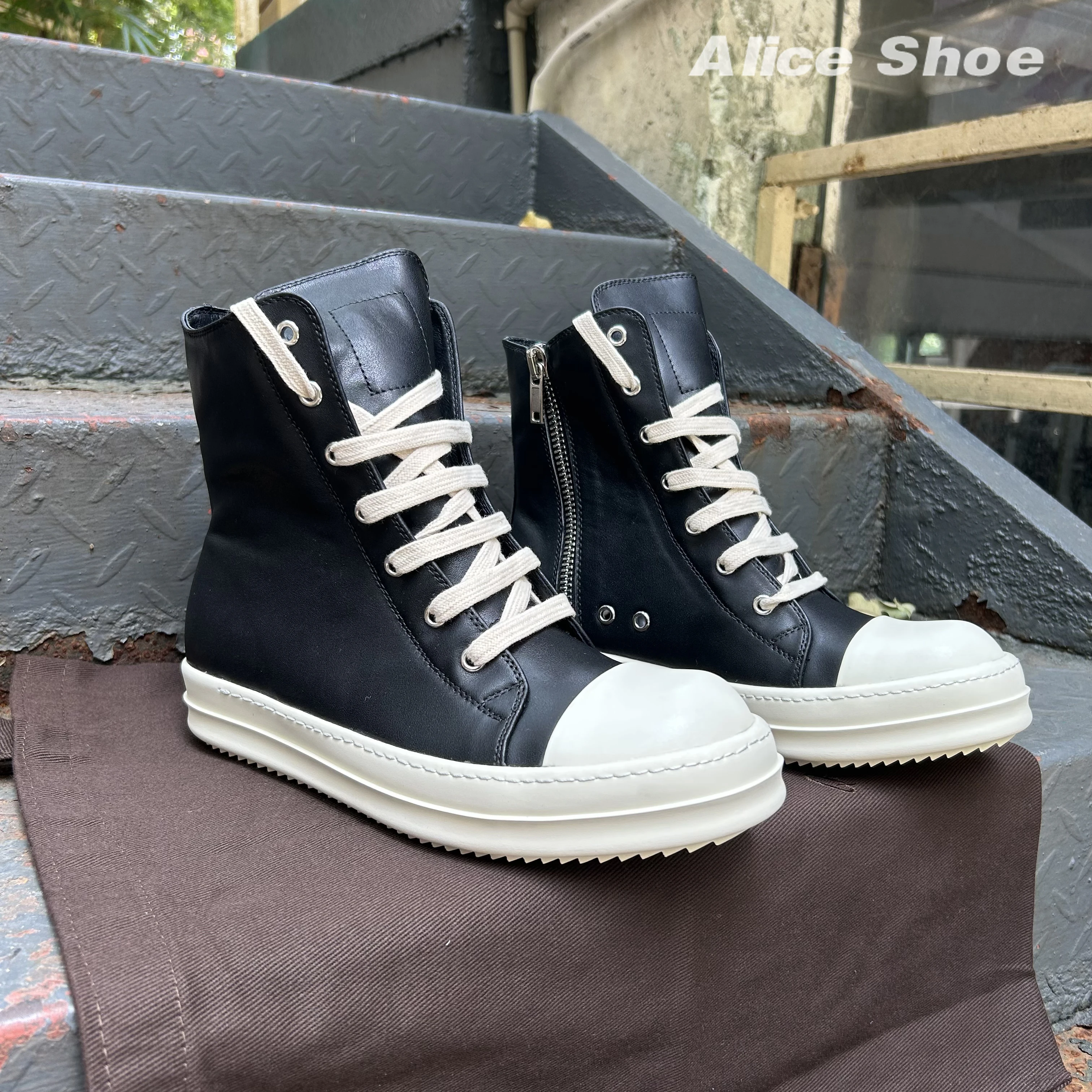 Brand Designer Women Ankle Boot High Top Black Leather Men Sneaker Casual owen Fashion Zipper ricks Thick-sole Platform Shoe