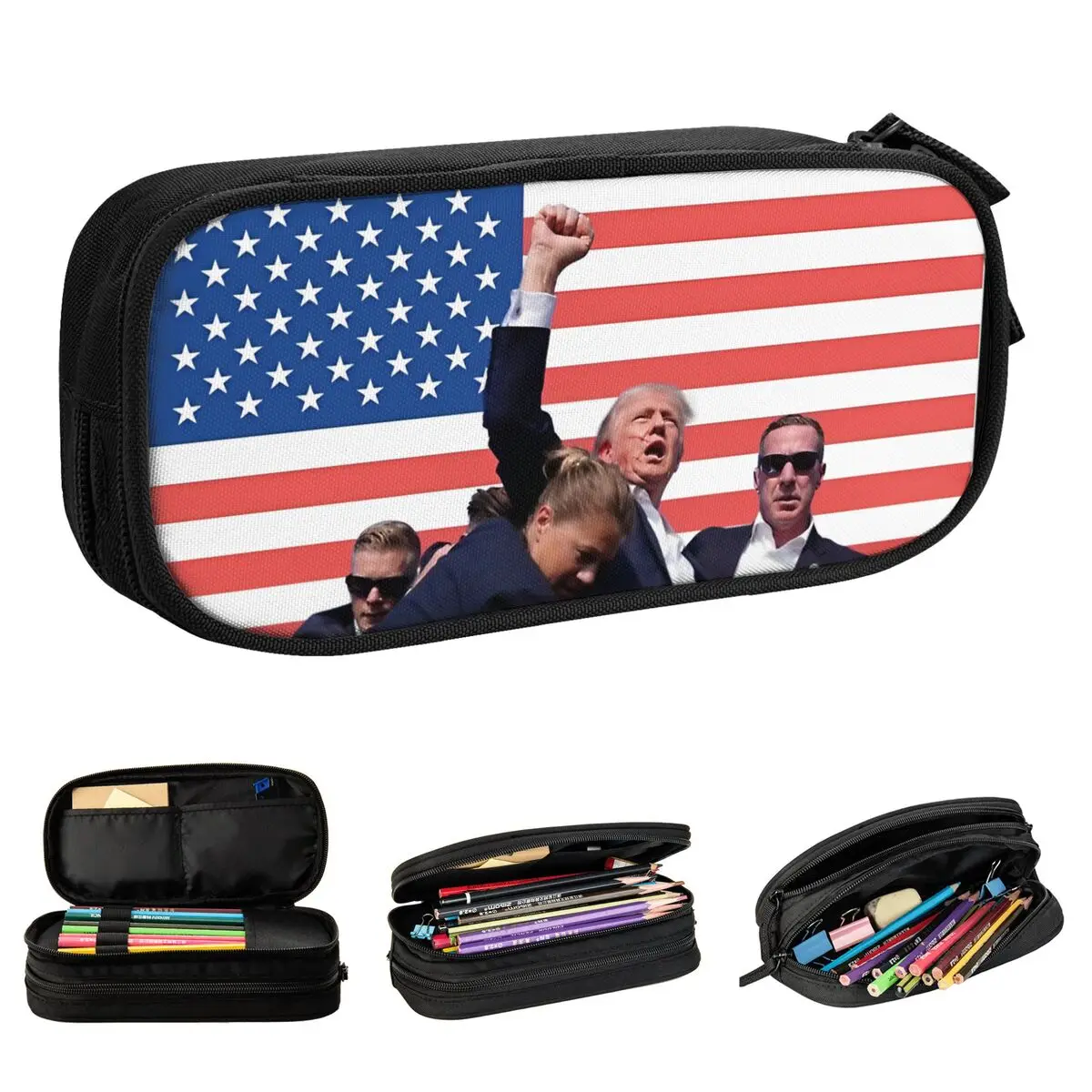 Fashion Trump Never Surrender 2024 Pencil Case American Flag Pencilcases Pen Holder for Student Big Bag Students School Zipper