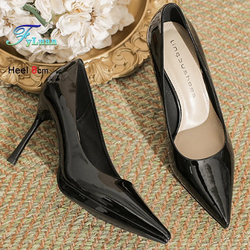

New Black Stiletto Women Shoes Patent Leather Glossy Ladies Pumps Pointed Toe Shallow Mouth Versatile Evening Party Single Shoes