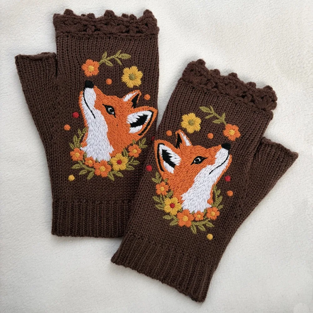 Gift Vintage Embroidery Knitted Gloves Half Finger Thick Fingerless Gloves Korean Style Waterproof Touchscreen Gloves Girls