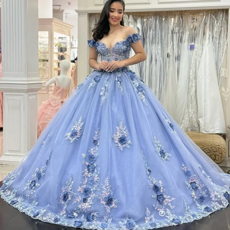 Personalizado brilhante luz azul quinceanera vestidos fora do ombro lantejoulas apliques cauda longa renda flor 3d vestido 15 quinceanera
