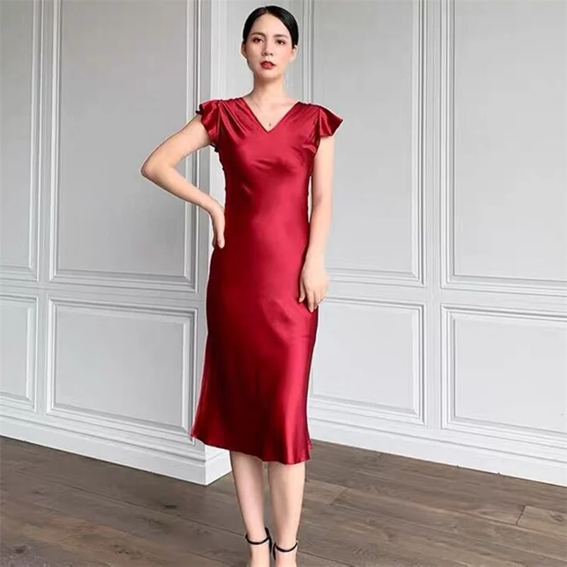 England Style Vintage Elegant Women's Summer Long Dress Flying Sleeves V-Neck Slim Fit Party Dress Fashion Satin Vestidos