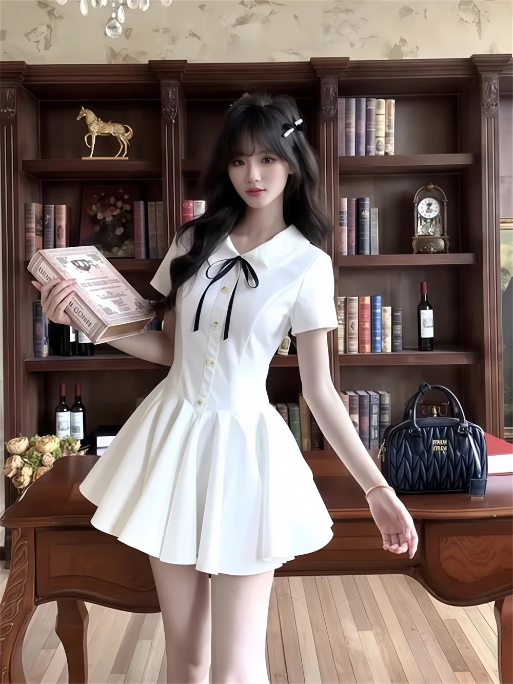 Sweet Knot Doll Collar White Dress Women's Autumn Waist Cinched A-Line Skirt Soft Polyester Fiber Short Sleeve Hoodie