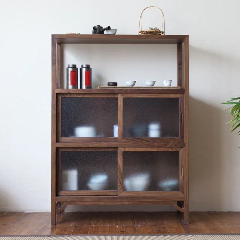 Breiter Holzschrank mit schmaler Arbeit, neuer chinesischer Beistellschrank, schwarzes Walnussholz, Kirschholz, Massivholz, Aufbewahrungsschrank, einfacher Teeschrank, Esszimmerkabine