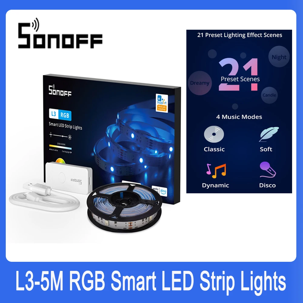 SONOFF L3 WiFi Smart Home LED Light Strip 5M Flexible RGB LED Lamp Lights Christmas Decoration Dance with Music Works with Alexa