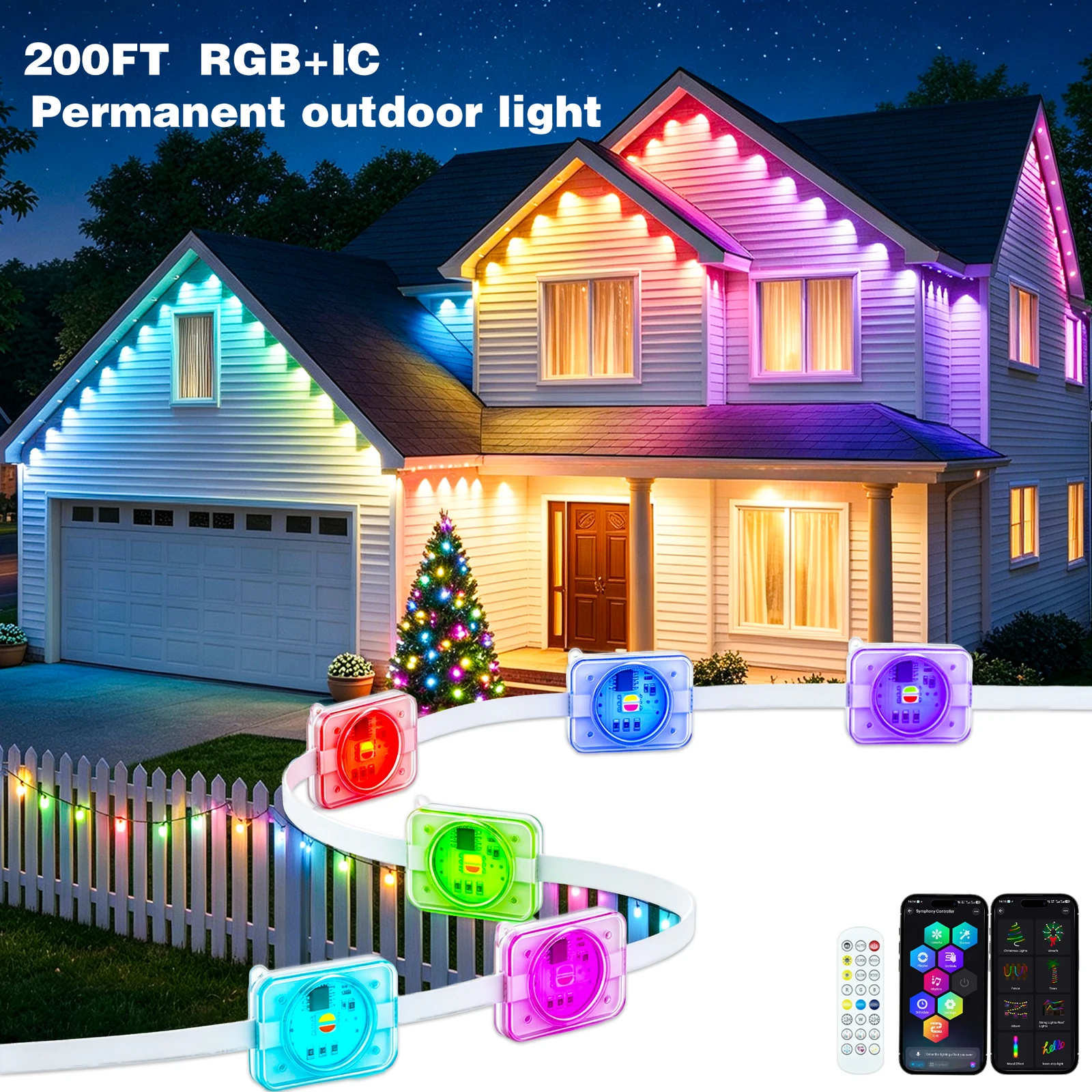 200FT Permanent Outdoor RGB IC Lights -Gradient Color Changing Eave Lights Waterproof App/Remenes, Perfectote Control, Music Sync & DIY Sc for Christmas, Halloween, Party & Daily Decor, for House Roof