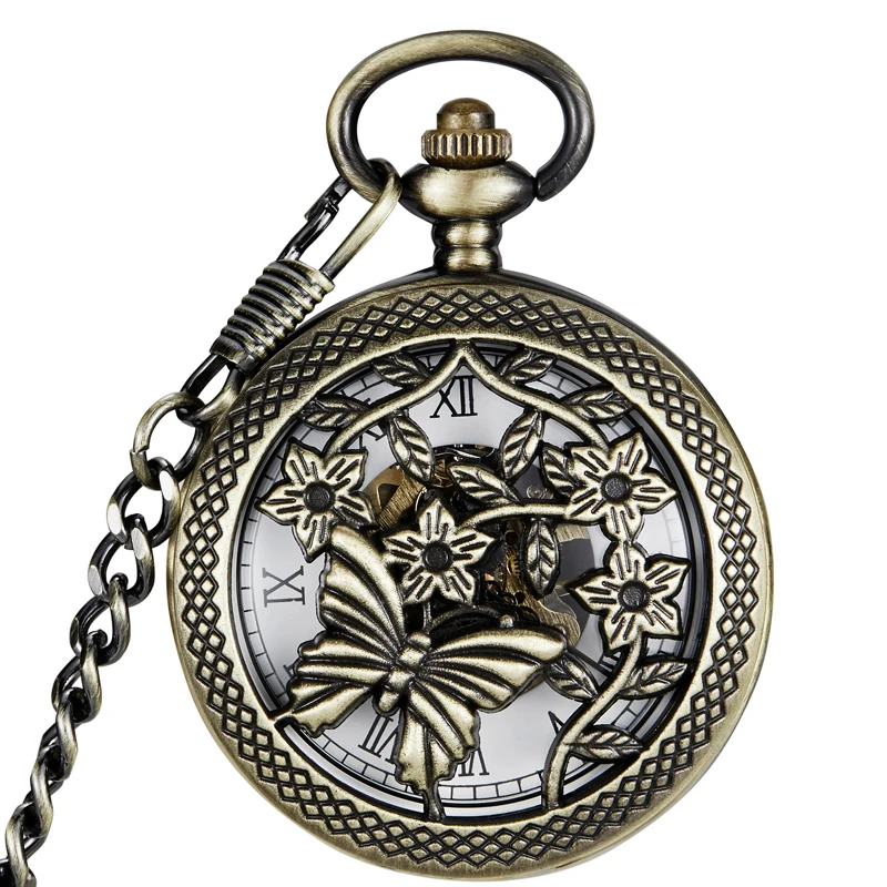 Butterfly Hollow Pocket Watch Skeleton Steampunk Mechanical Fob Watches Vintage Clock Pendant Hand-winding Male Relogio De Bolso